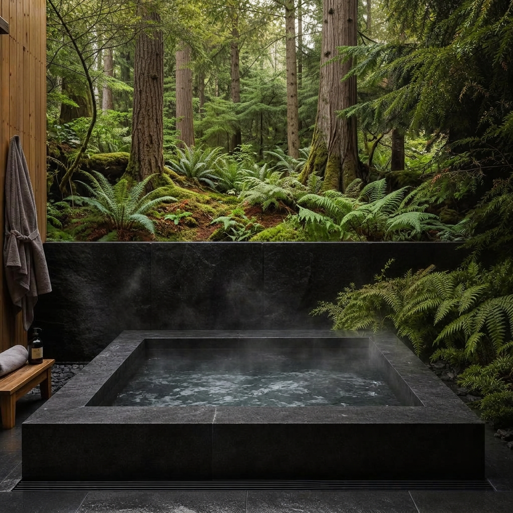 Square cold plunge basin set against a black stone wall with ferns