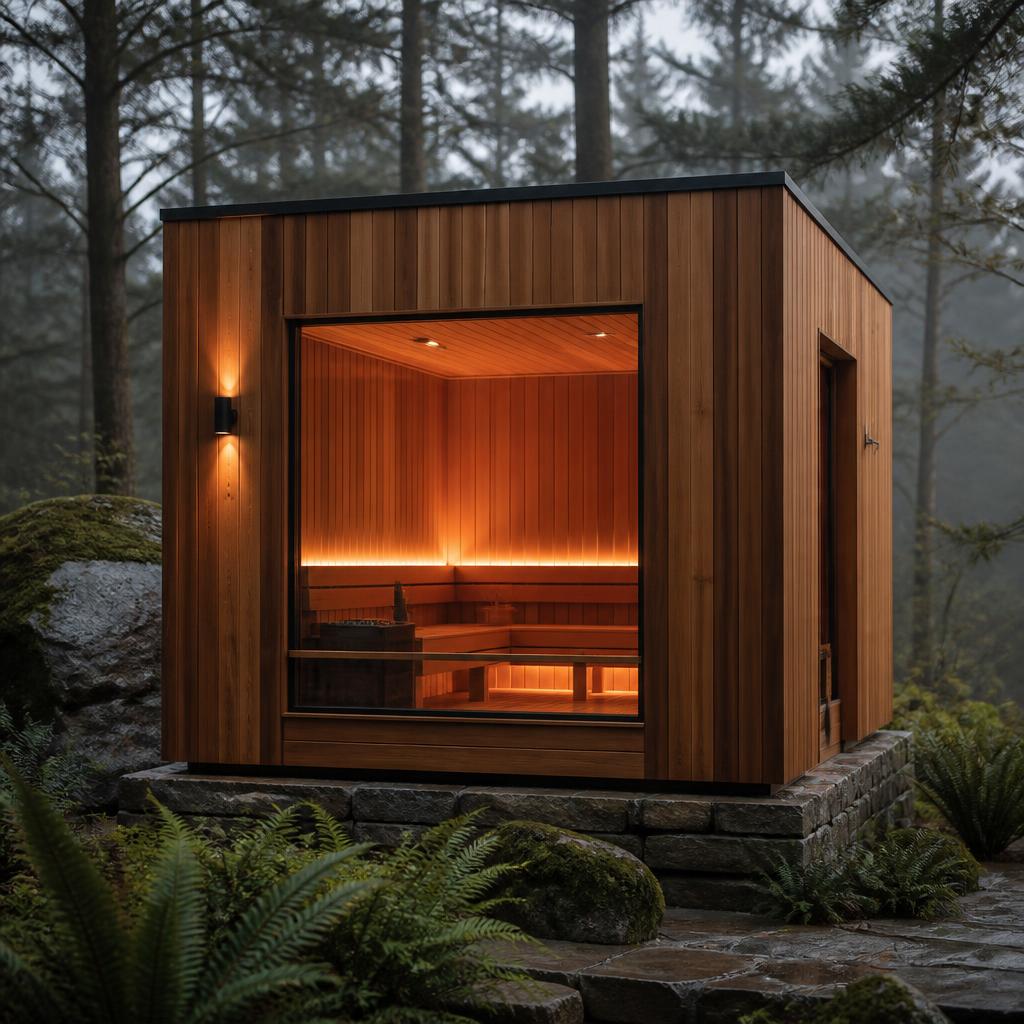 Square cedar sauna cabin nestled among ferns