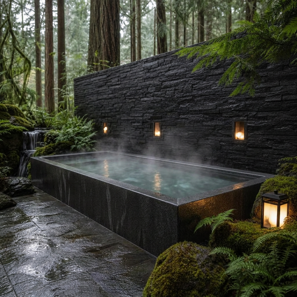 Long rectangular soaking tub with a black stone wall along its long side in a fern garden